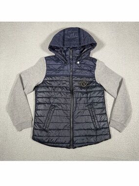 Philipp Plein Navy Quilted Hooded Performance Jacket with Gray Sleeves